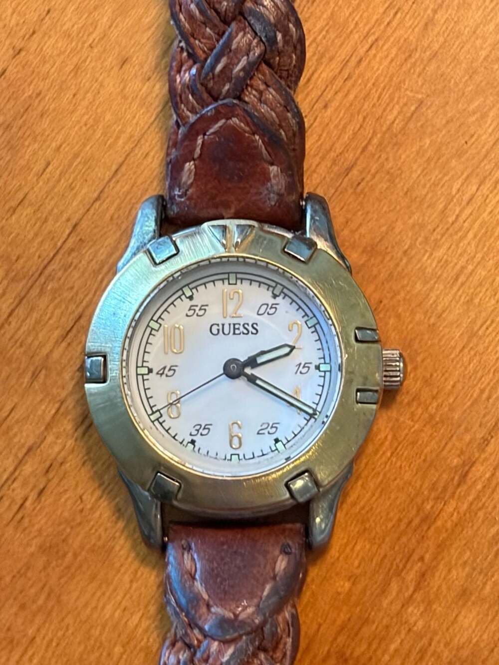 Vintage 90s GUESS Women’s Watch Brown Braided Leather Band Silver Tone Quartz